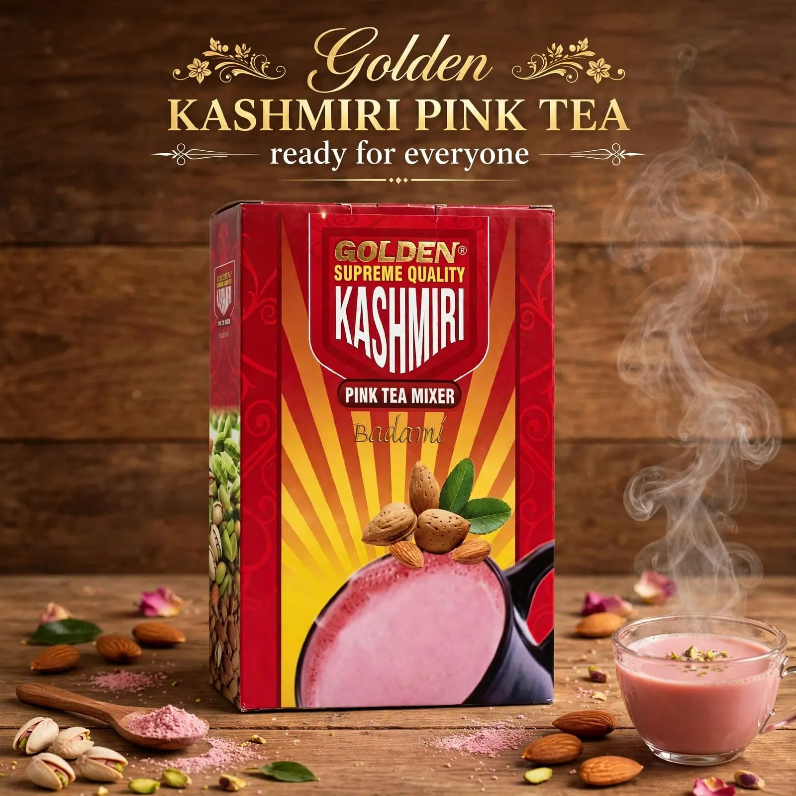 Golden Kashmiri Pink Tea box with a glass cup of pink tea